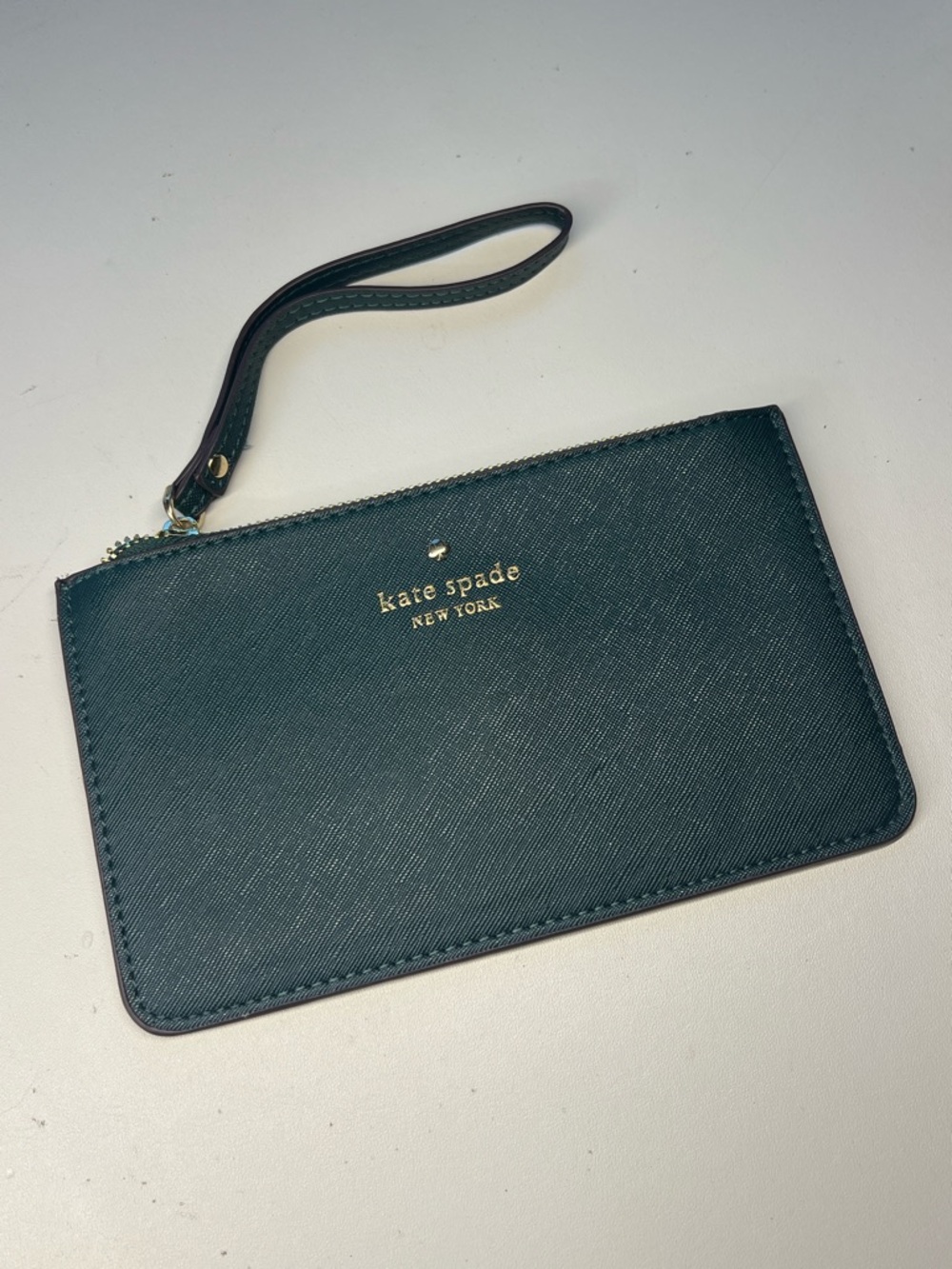 NWoT kate spade dark teal zip wristlet with gold logo bag purse